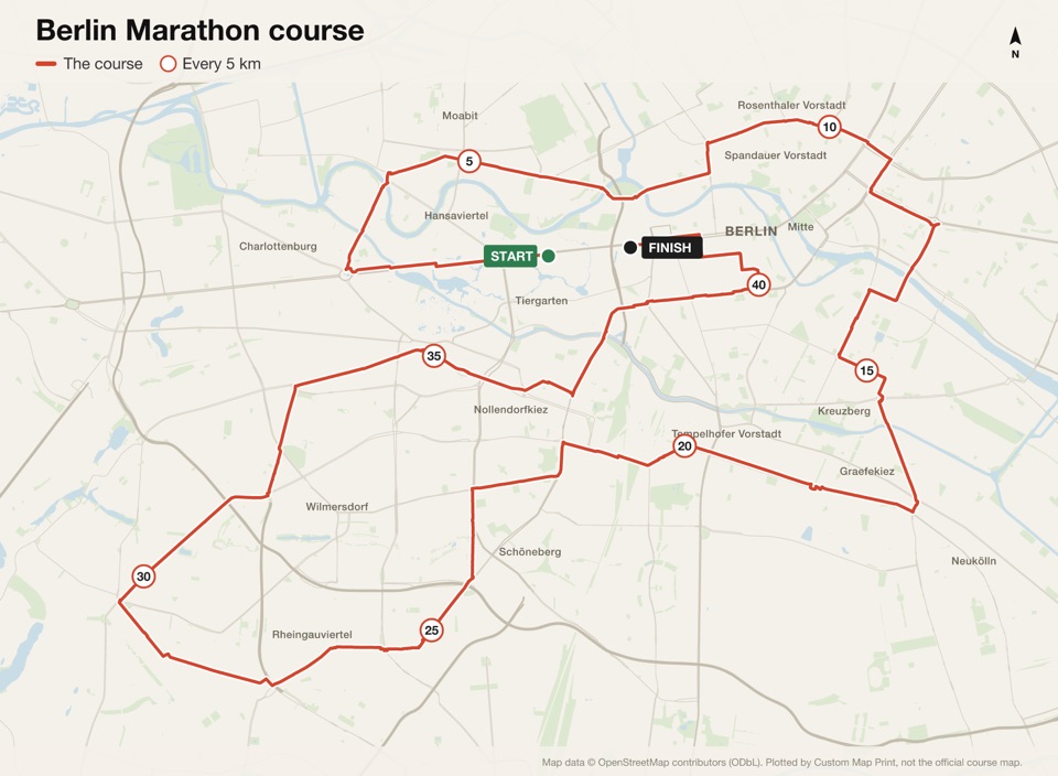 Map of the Berlin Marathon course with the start, the finish and distance markers, plotted from the published route