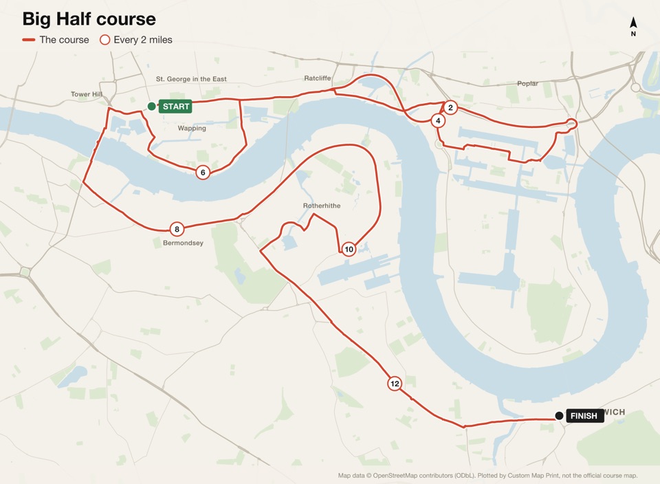 Map of the Big Half course with the start, the finish and distance markers, plotted from the published route