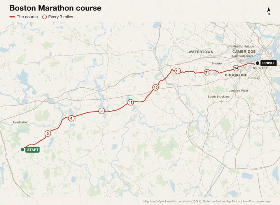 Map of the Boston Marathon course with the start, the finish and distance markers, plotted from the published route