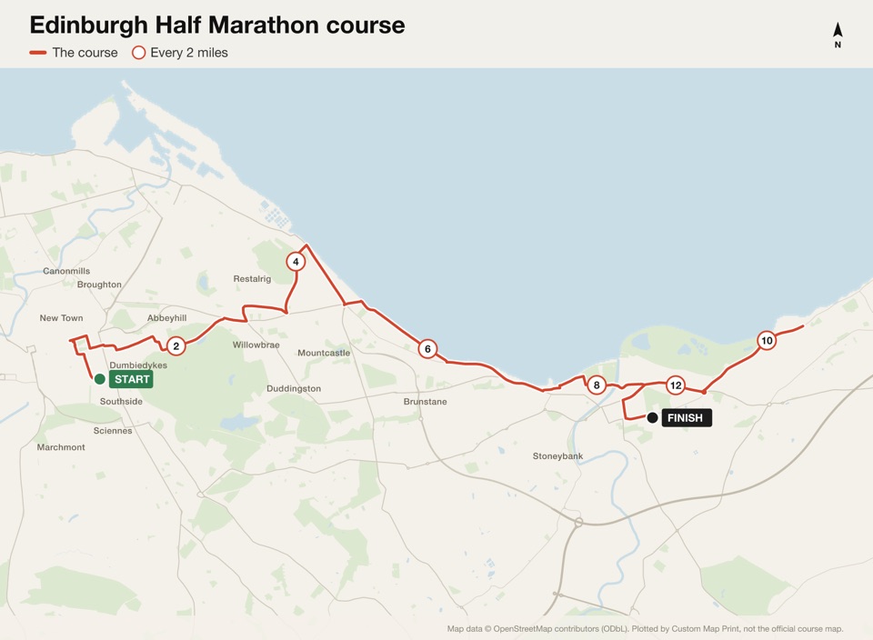 Map of the Edinburgh Half Marathon course with the start, the finish and distance markers, plotted from the published route