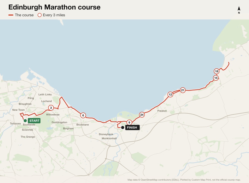 Map of the Edinburgh Marathon course with the start, the finish and distance markers, plotted from the published route