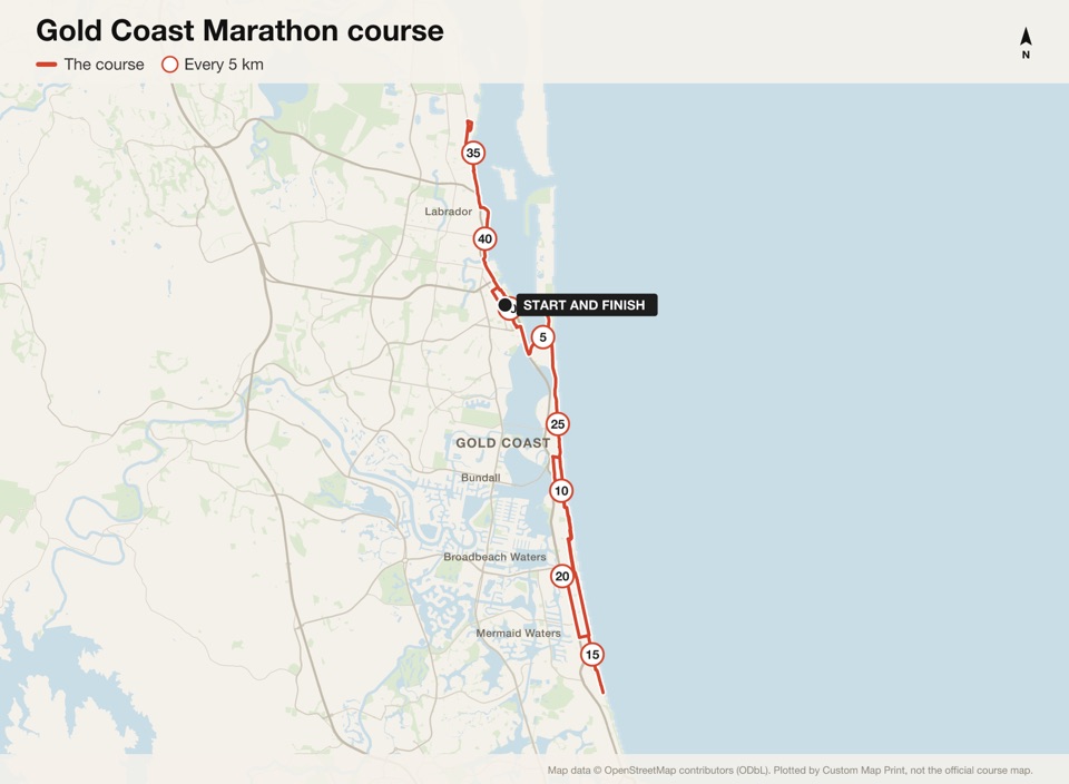 Map of the Gold Coast Marathon course with the start, the finish and distance markers, plotted from the published route