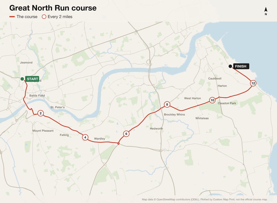 Map of the Great North Run course with the start, the finish and distance markers, plotted from the published route