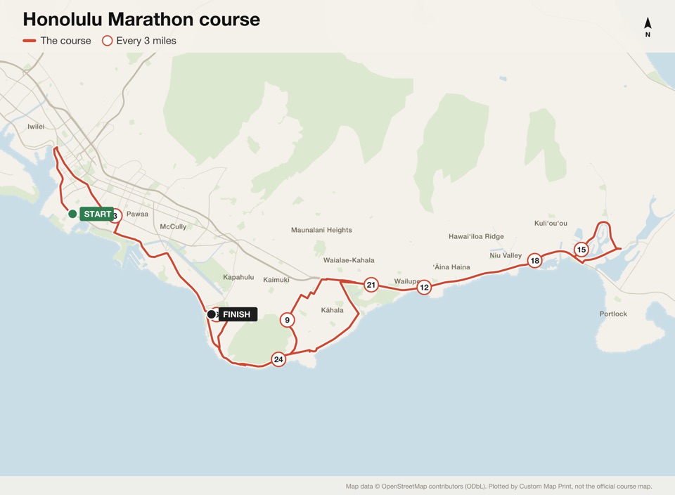 Map of the Honolulu Marathon course with the start, the finish and distance markers, plotted from the published route