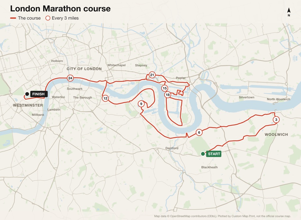 Map of the London Marathon course with the start, the finish and distance markers, plotted from the published route