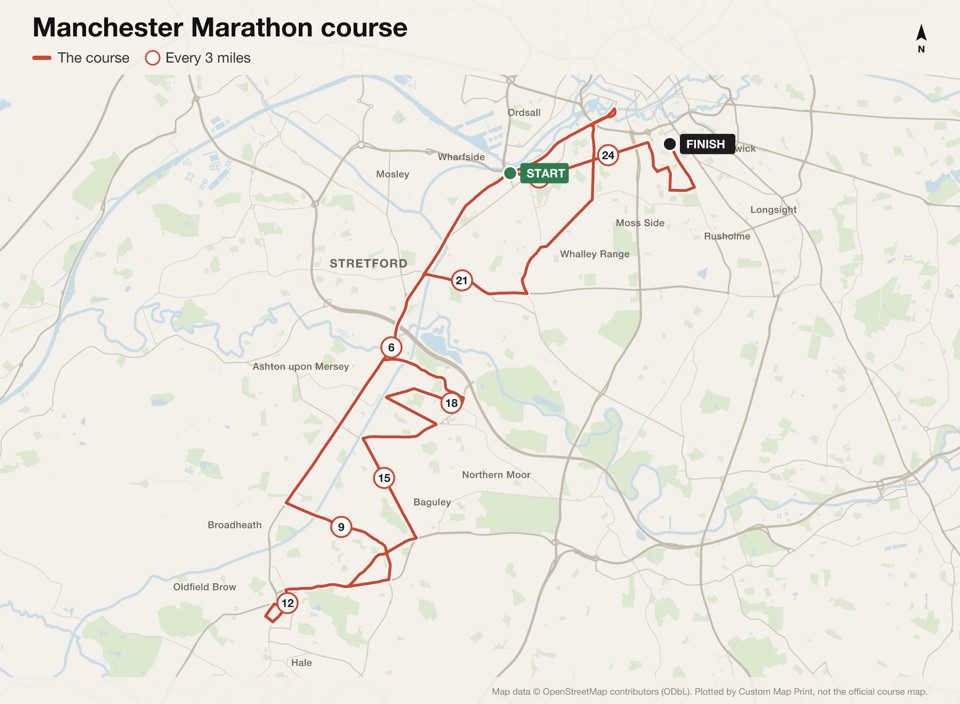 Map of the Manchester Marathon course with the start, the finish and distance markers, plotted from the published route