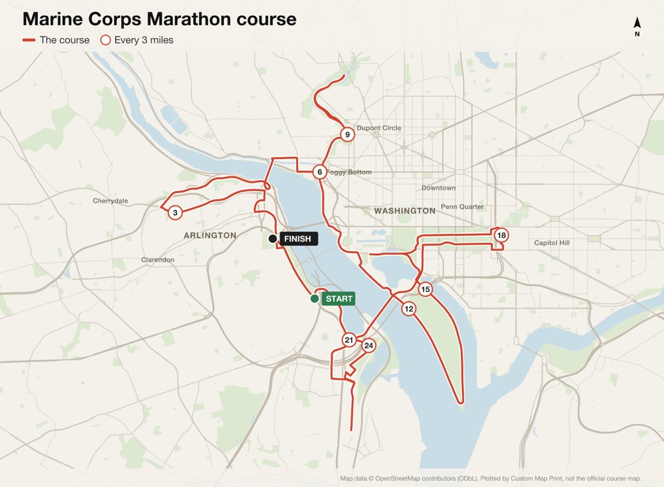 Map of the Marine Corps Marathon course with the start, the finish and distance markers, plotted from the published route