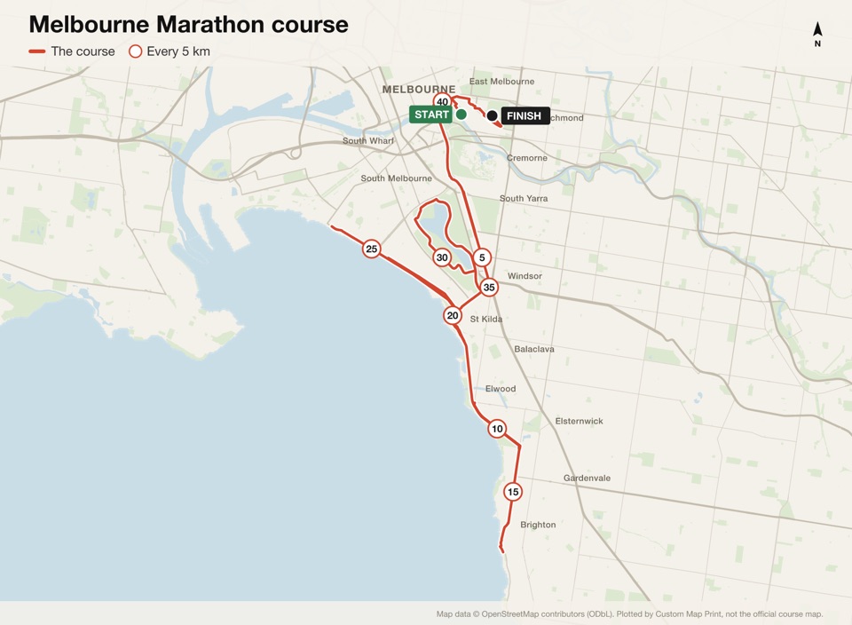 Map of the Melbourne Marathon course with the start, the finish and distance markers, plotted from the published route