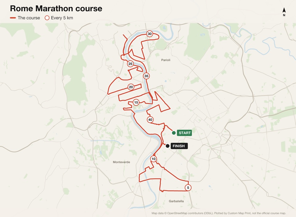Map of the Rome Marathon course with the start, the finish and distance markers, plotted from the published route