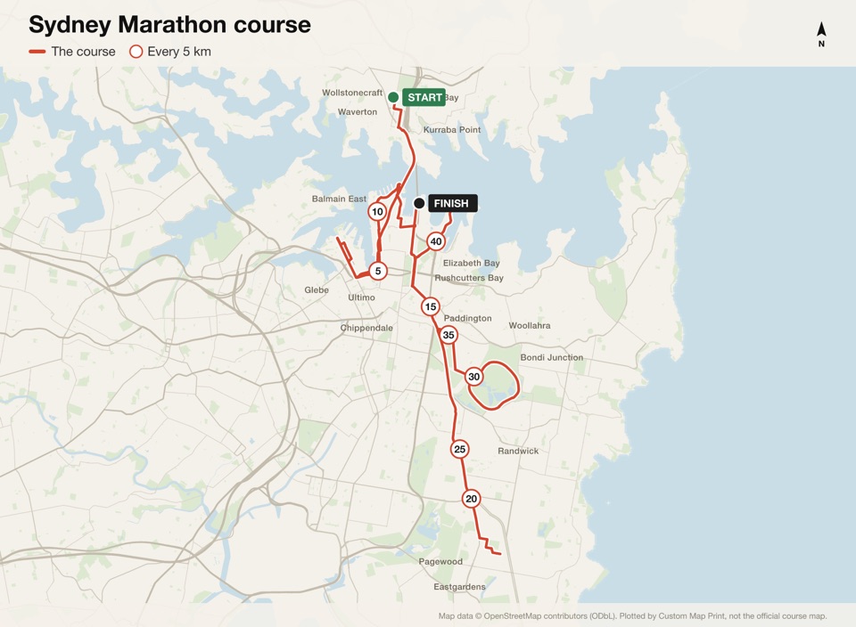 Map of the Sydney Marathon course with the start, the finish and distance markers, plotted from the published route