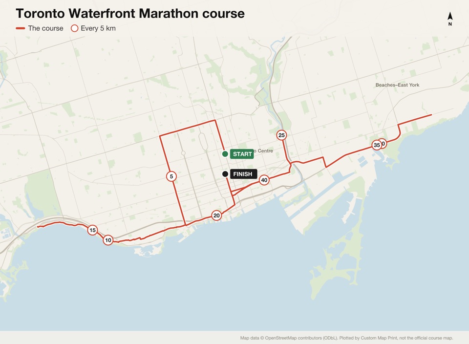 Map of the Toronto Waterfront Marathon course with the start, the finish and distance markers, plotted from the published route