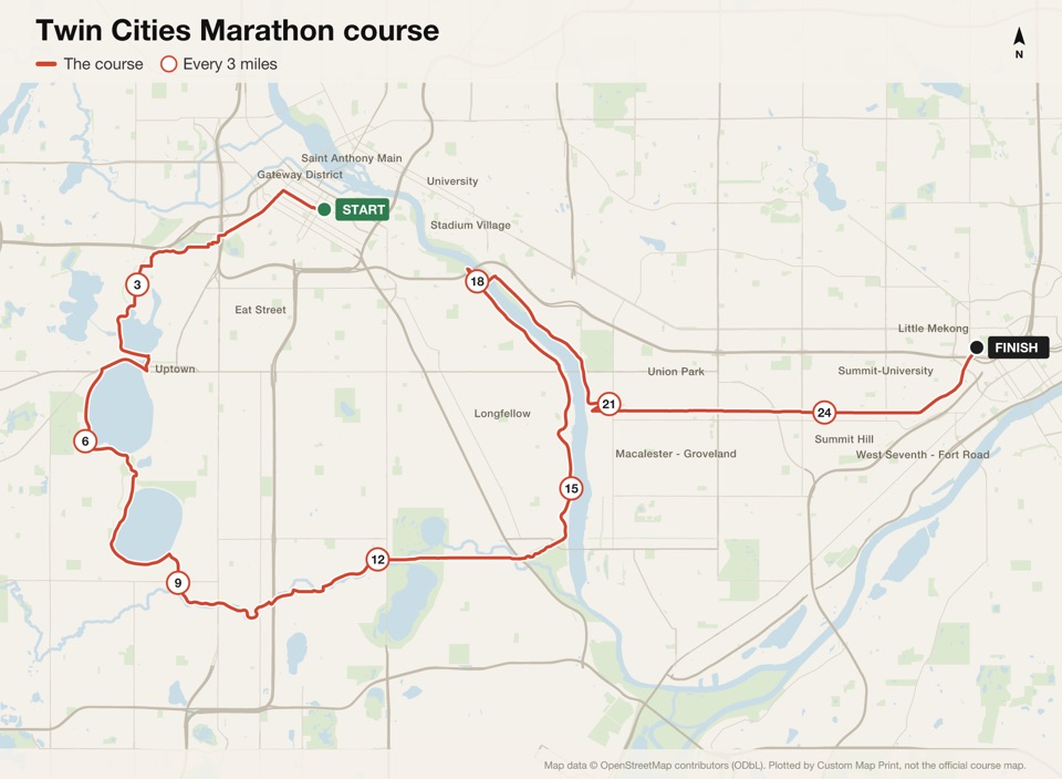 Map of the Twin Cities Marathon course with the start, the finish and distance markers, plotted from the published route