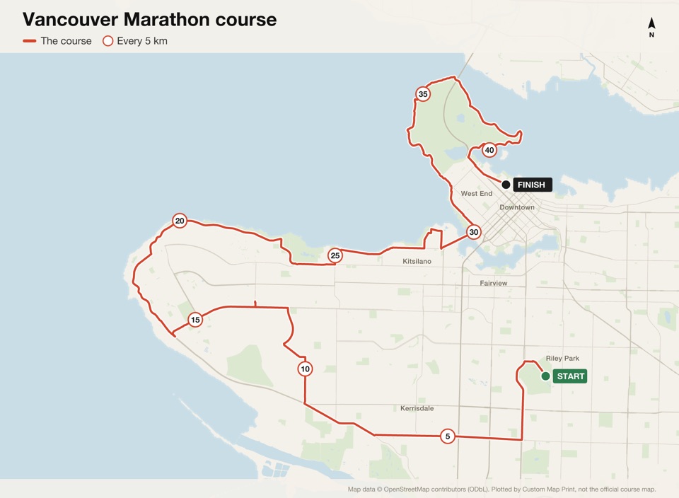Map of the Vancouver Marathon course with the start, the finish and distance markers, plotted from the published route