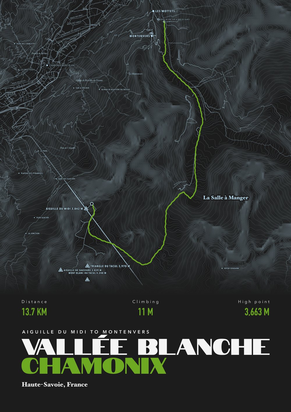 An example backcountry skiing and ski touring print of Vallée Blanche, Chamonix, France, framed