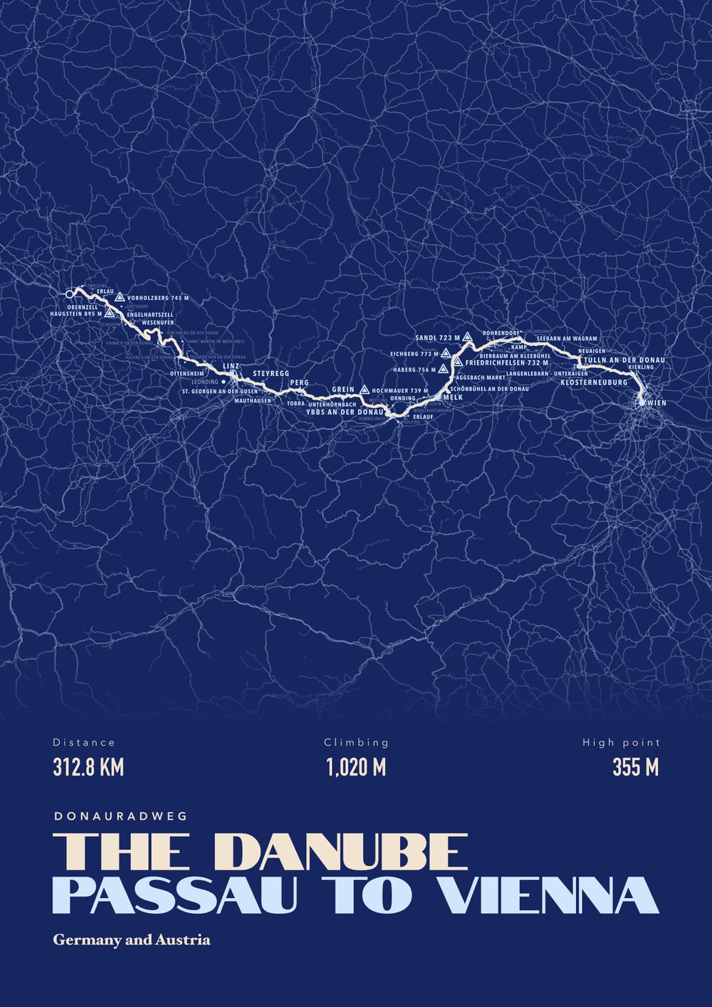 An example bikepacking and cycle touring print of Danube, Passau to Vienna, framed