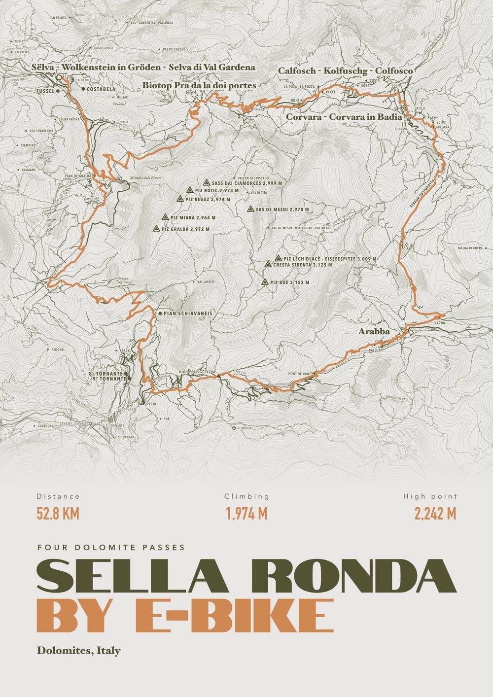 An example e-bike print of Sella Ronda, Dolomites, Italy, framed