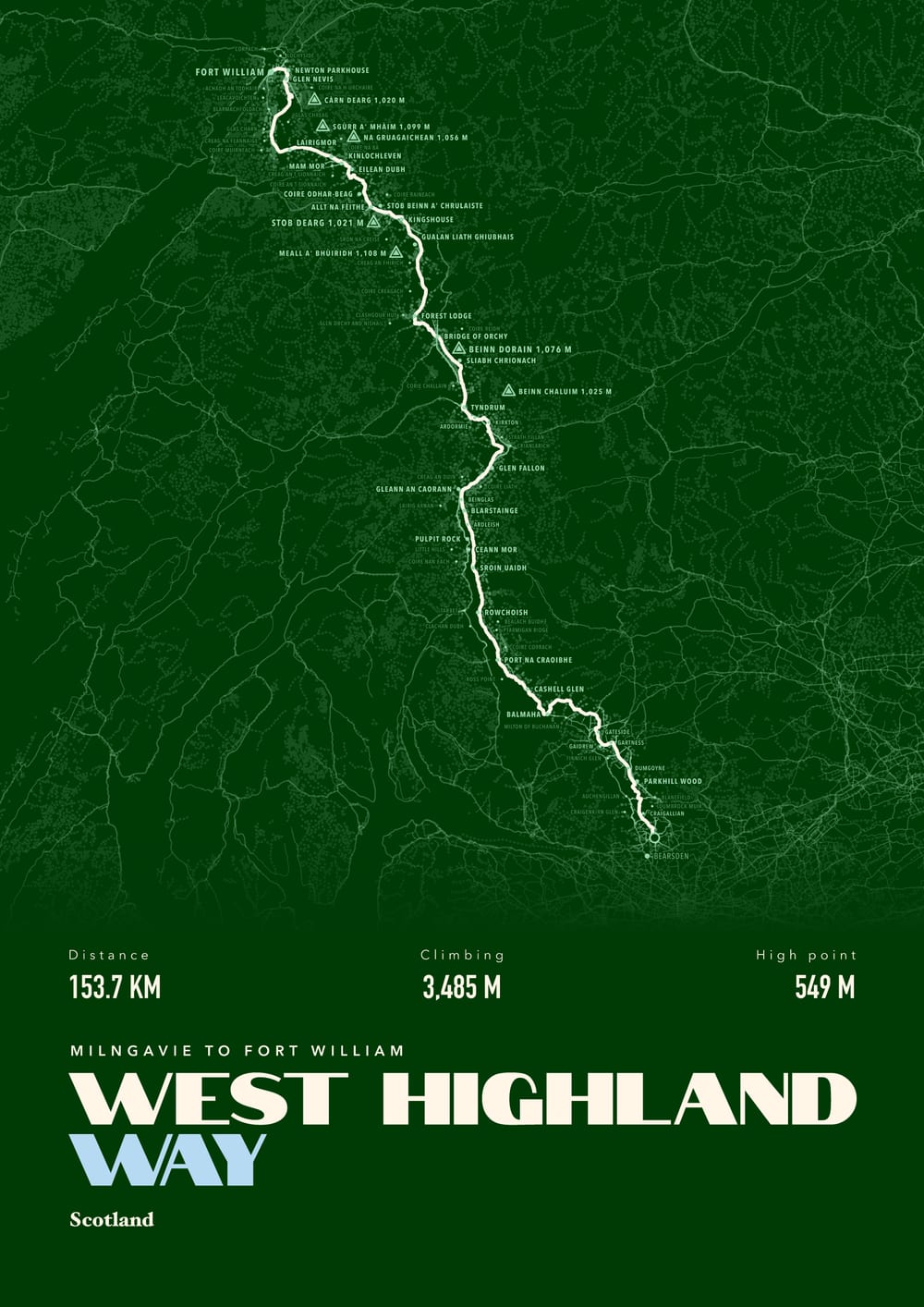 An example long-distance trails print of West Highland Way, Scotland, framed