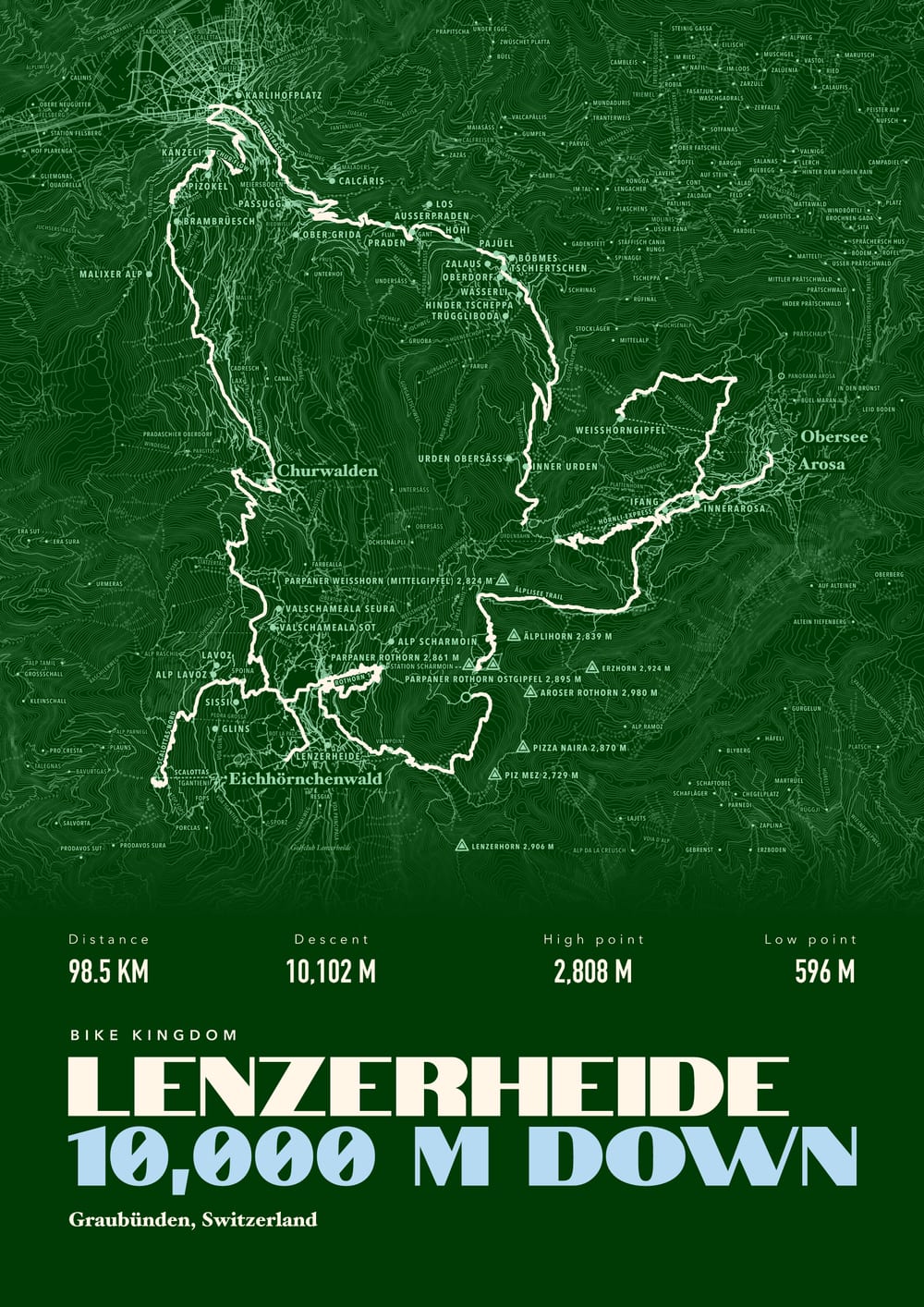 An example mountain biking print of the Bike Kingdom, Lenzerheide, Switzerland, framed