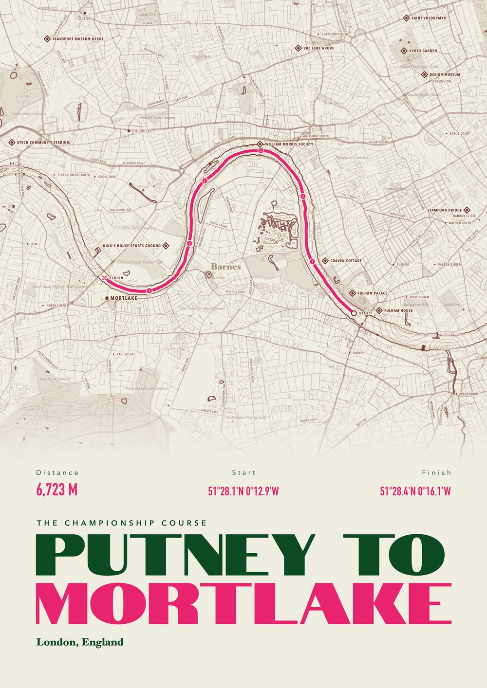 An example rowing print of Putney to Mortlake, River Thames, London, framed