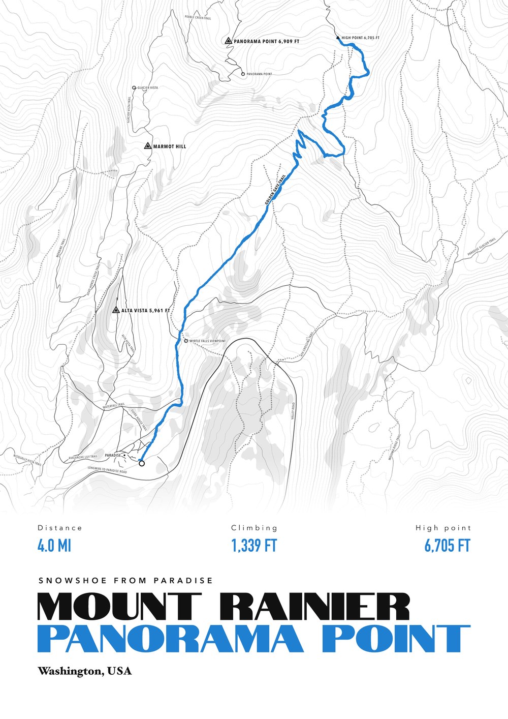 An example snowshoeing print of Paradise to Panorama Point, Mount Rainier, USA, framed