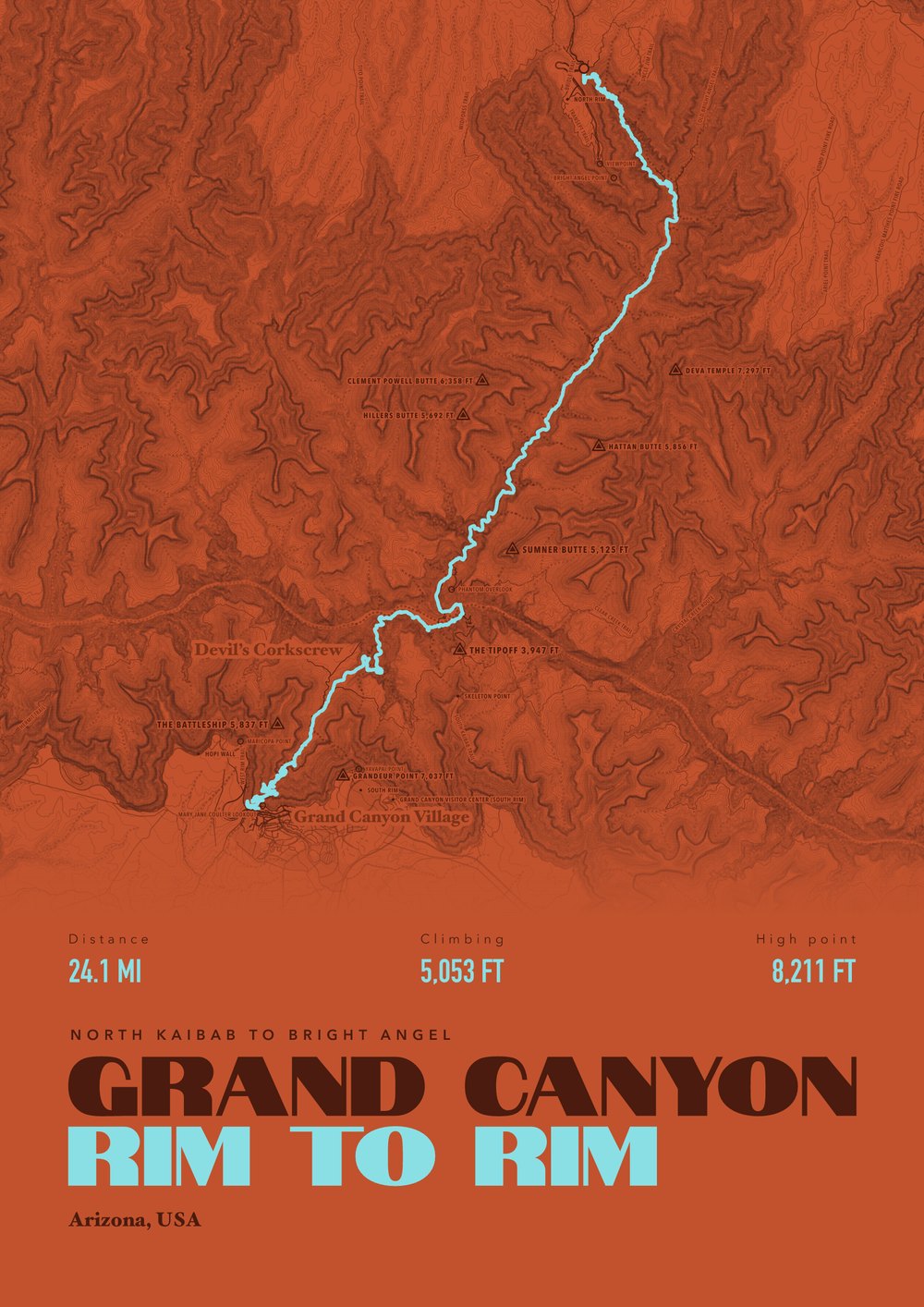 An example trail running and ultras print of Grand Canyon Rim to Rim, Arizona, USA, framed