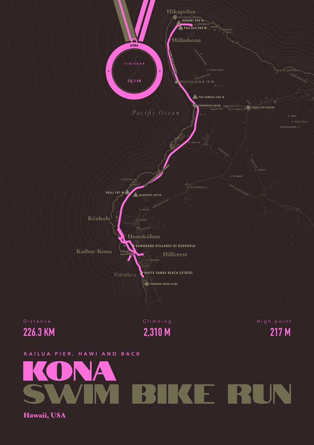 An example triathlon and ironman print of Kona, Hawaii, USA (swim, bike and run), framed