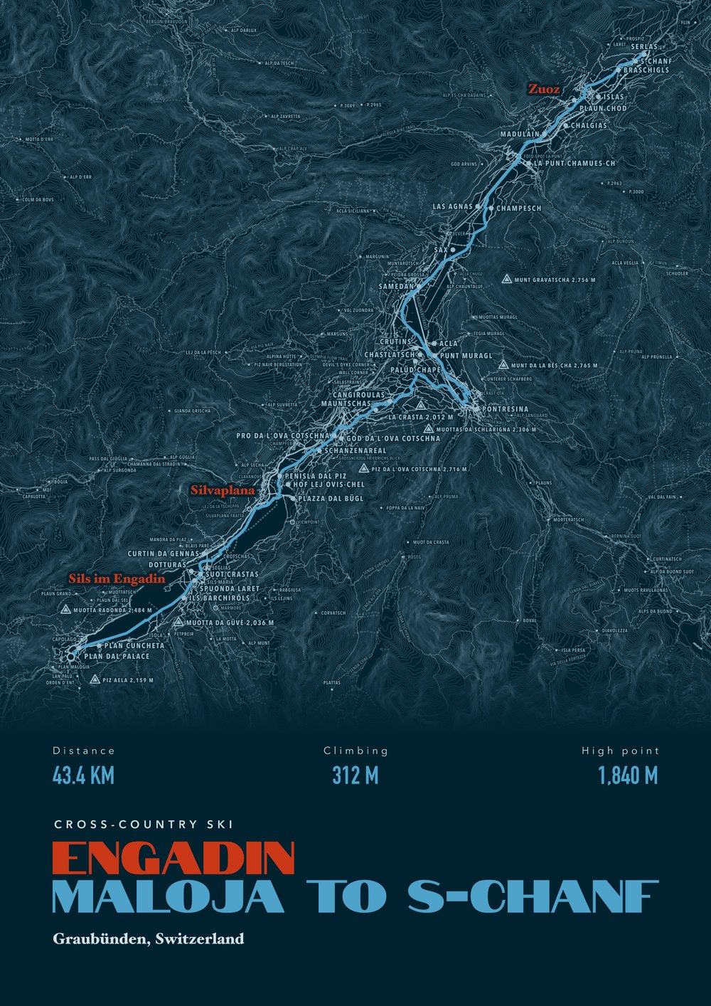An example cross-country skiing print of Engadin, Maloja to S-chanf, Switzerland, framed