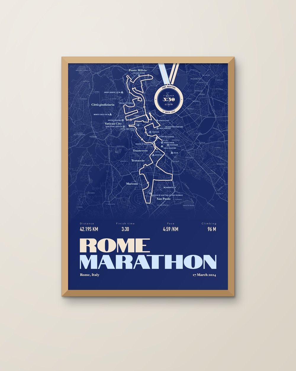 An A3 map print in a natural wood frame