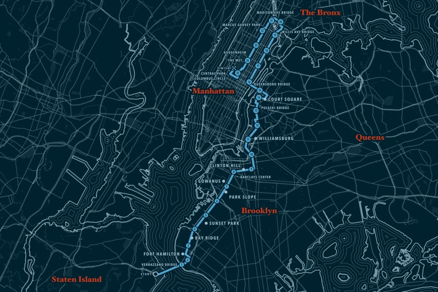 The NYC Marathon course drawn by Custom Map Print from OpenStreetMap, markers every mile, start to finish