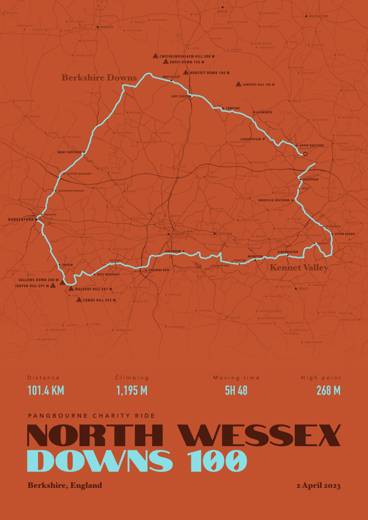 Cycling print of the North Wessex Downs 100, framed
