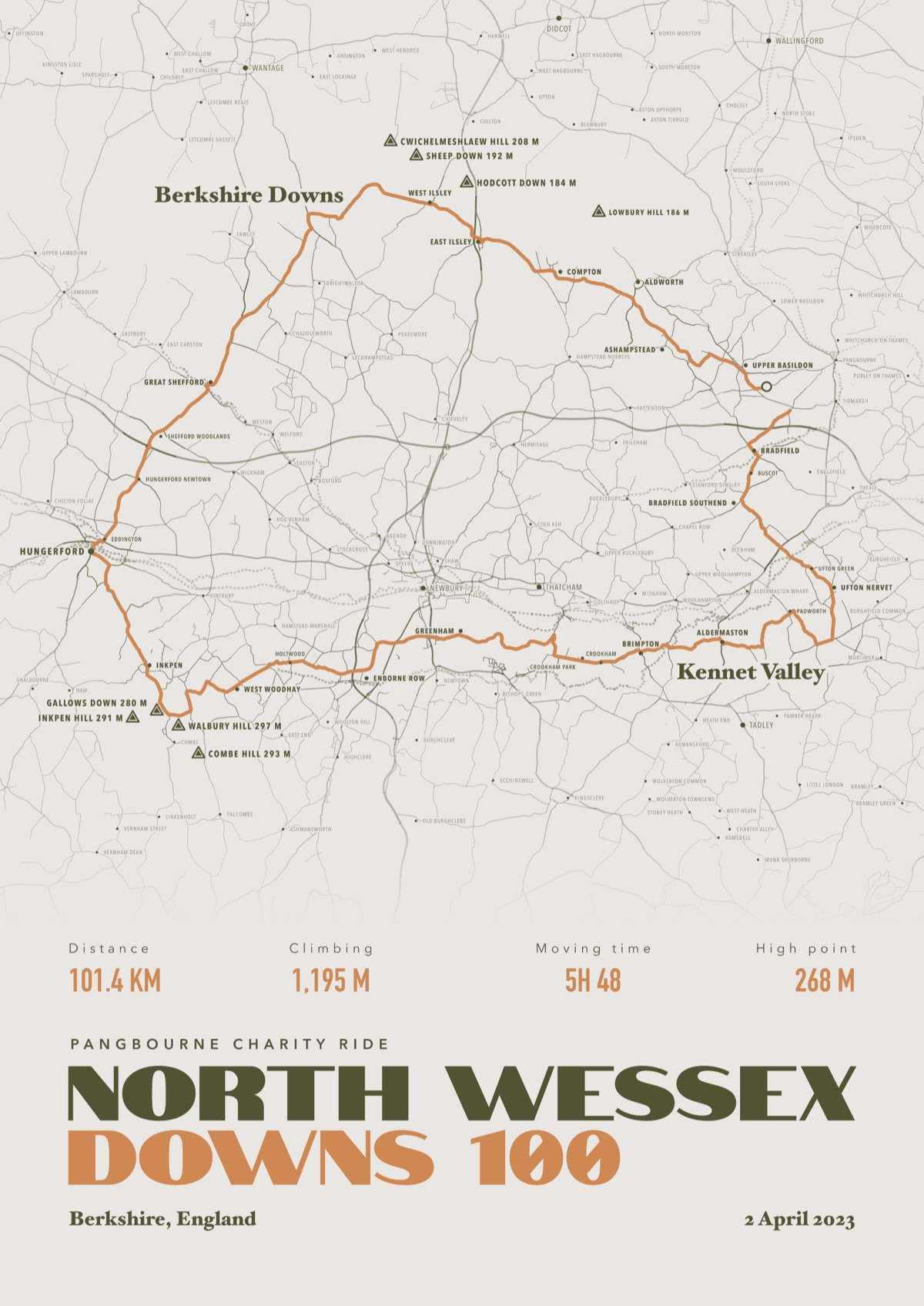 Cycling print of the North Wessex Downs 100, framed