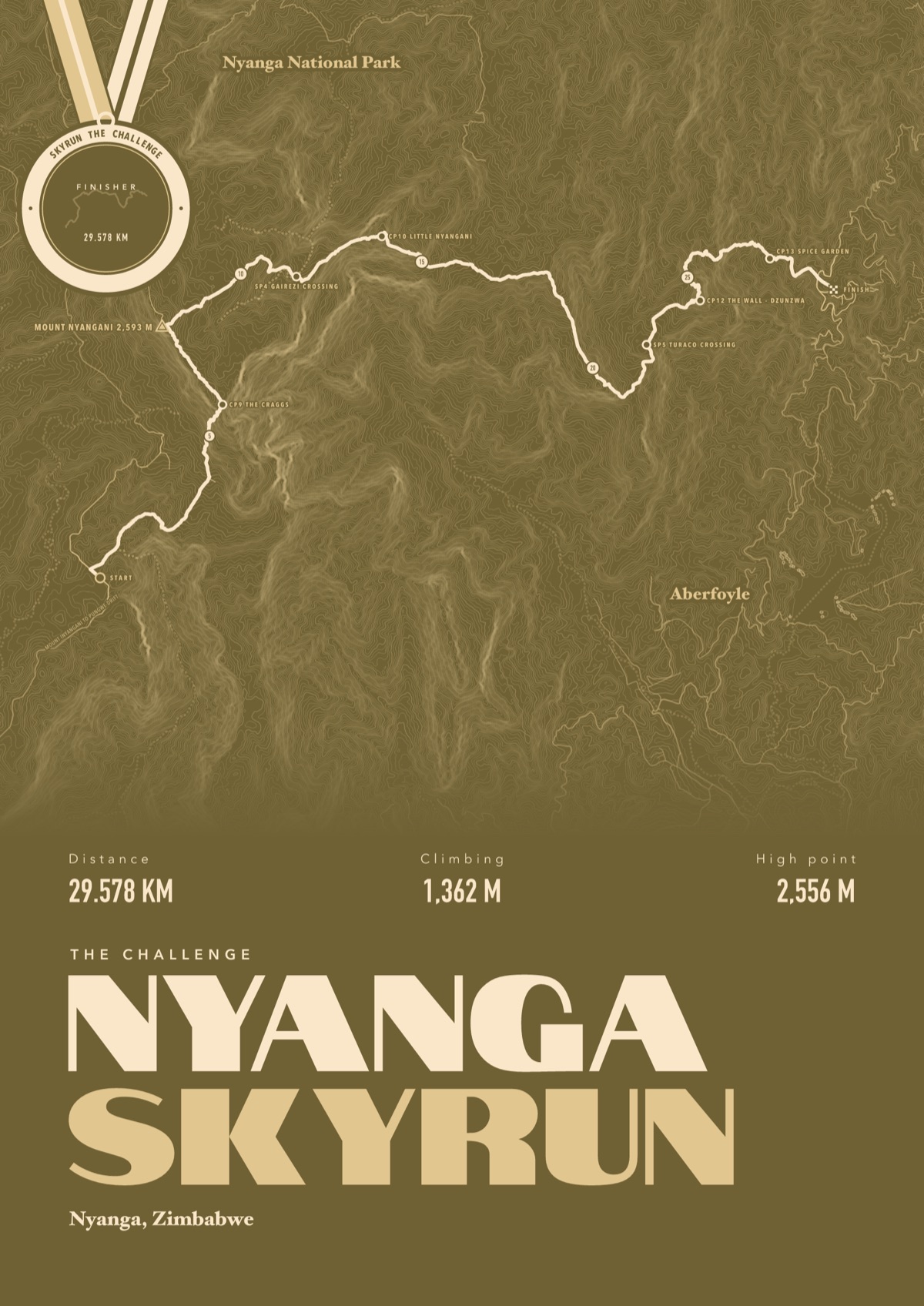 Skyrun print of the Nyanga Skyrun in Zimbabwe with a finisher's medal