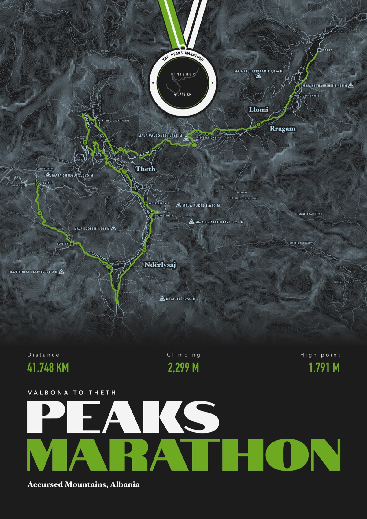 Trail race print of The Peaks Marathon in Albania with a finisher's medal