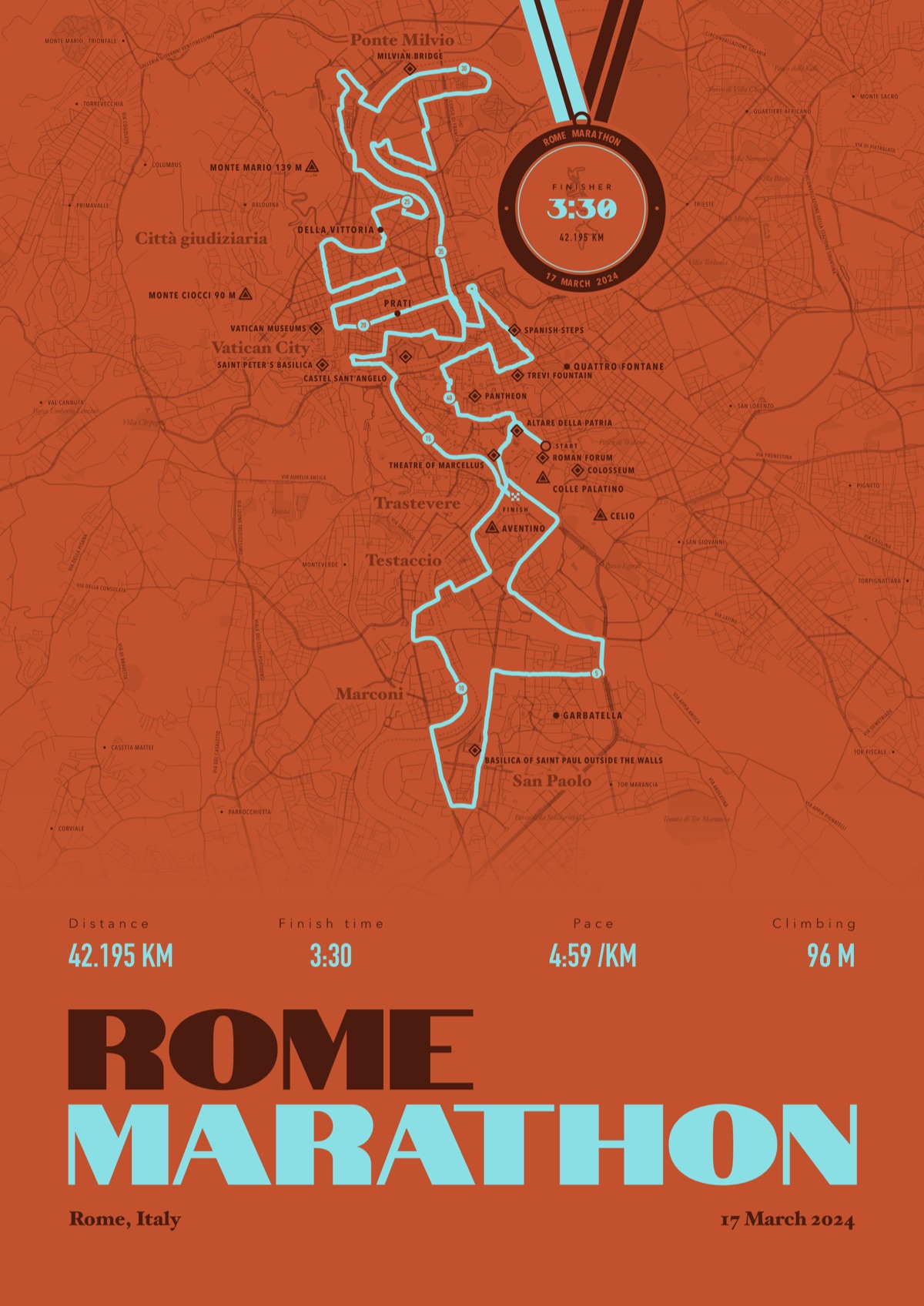 Running print of the Rome Marathon with a finisher's medal, framed