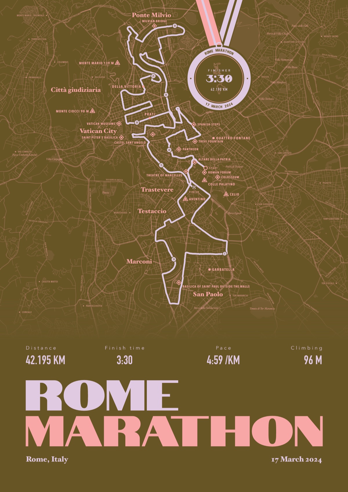 Rome Marathon running print in Garden Party, framed in natural wood