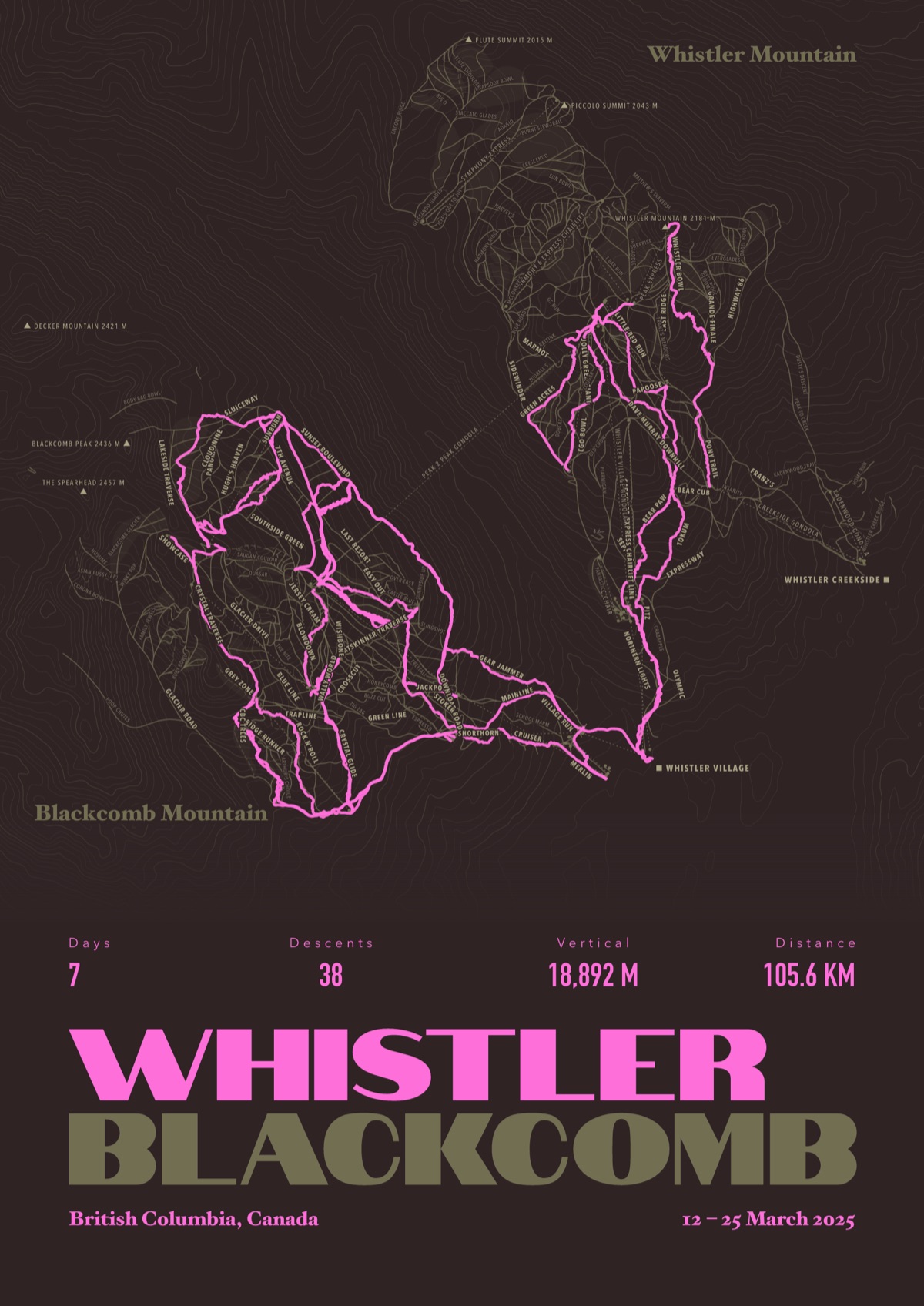 Whistler Blackcomb ski print in Black Bean, framed in black