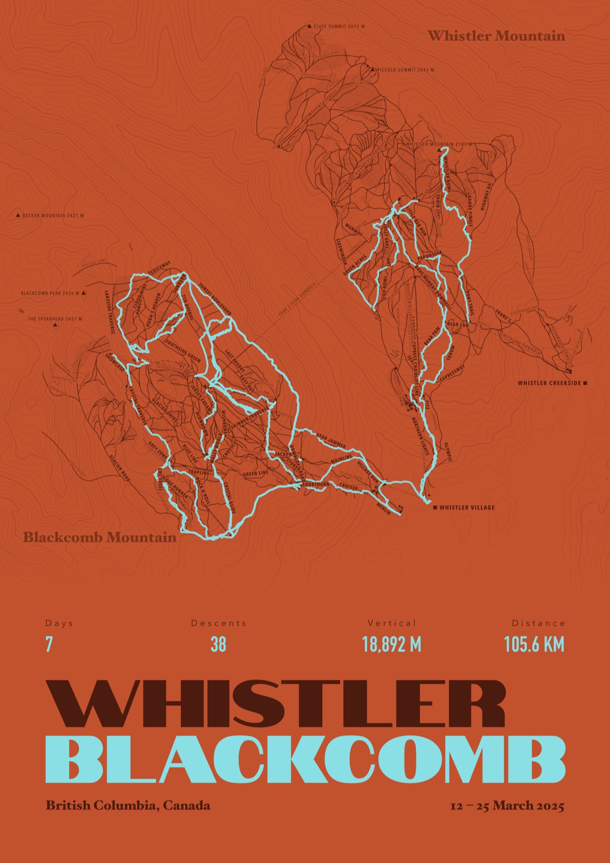 Whistler Blackcomb ski print, framed in wood