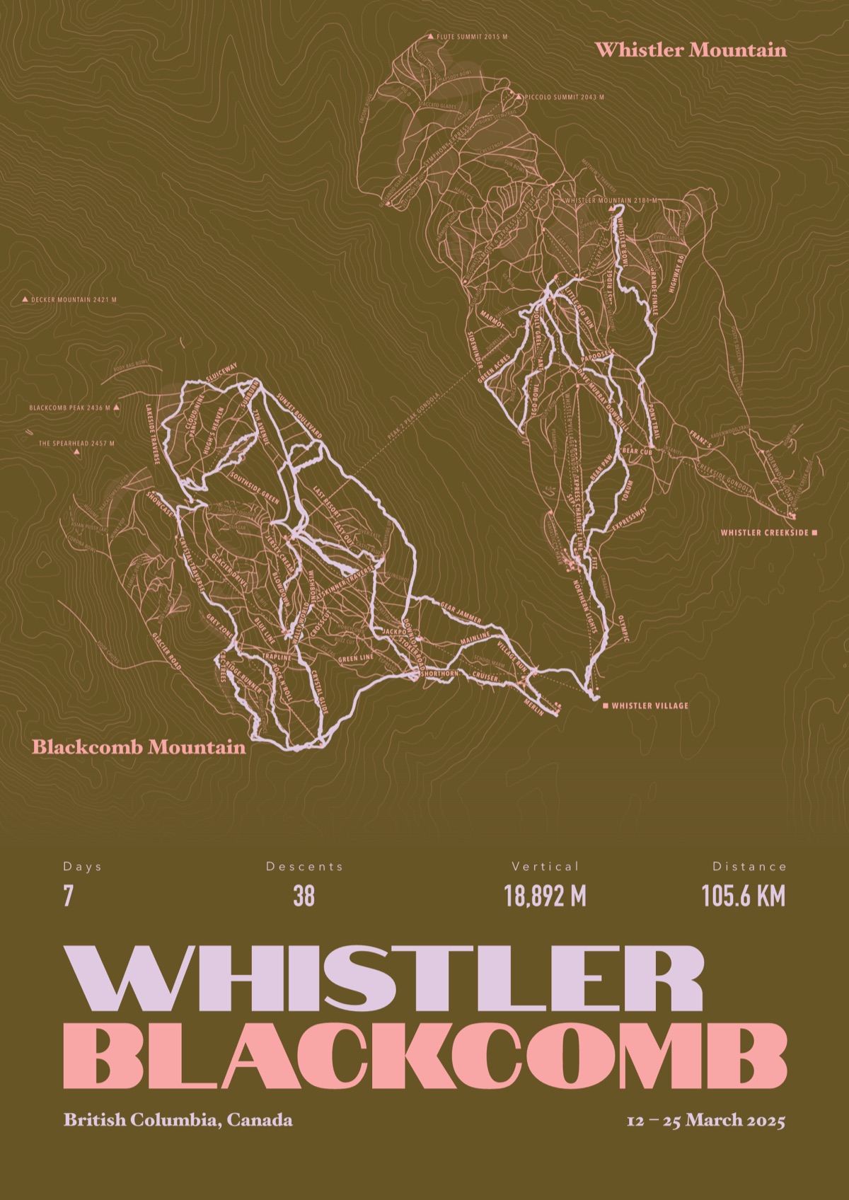 Snowboard print of a week at Whistler Blackcomb, framed in natural wood