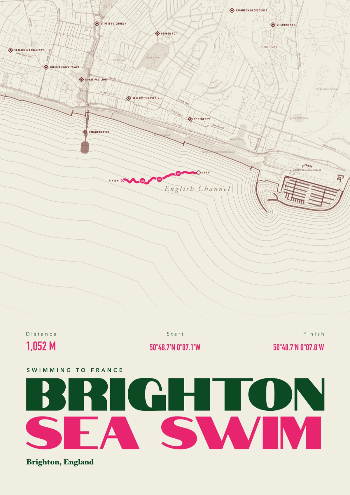 Open water swim print of a sea swim off Brighton, framed