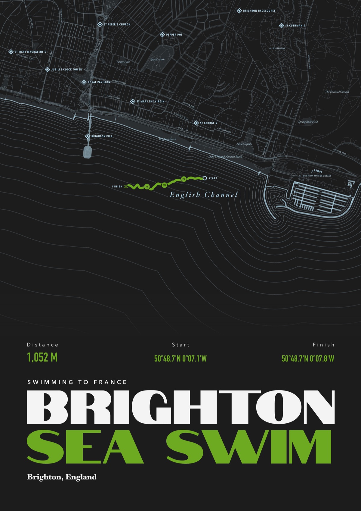 Open water swimming map print, framed