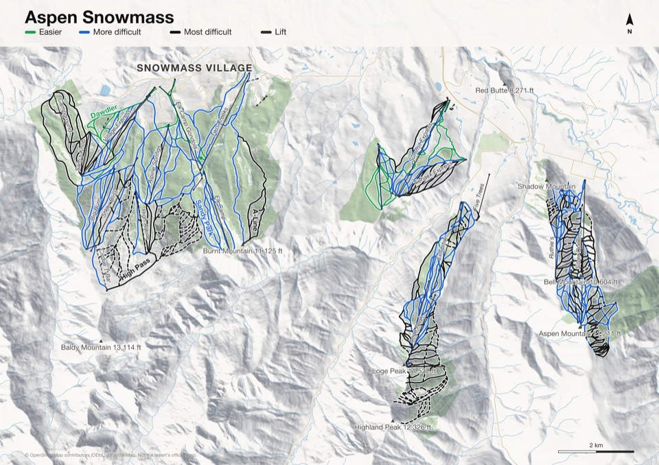 Map of Aspen Snowmass with 393 named runs and 35 lifts, coloured by difficulty