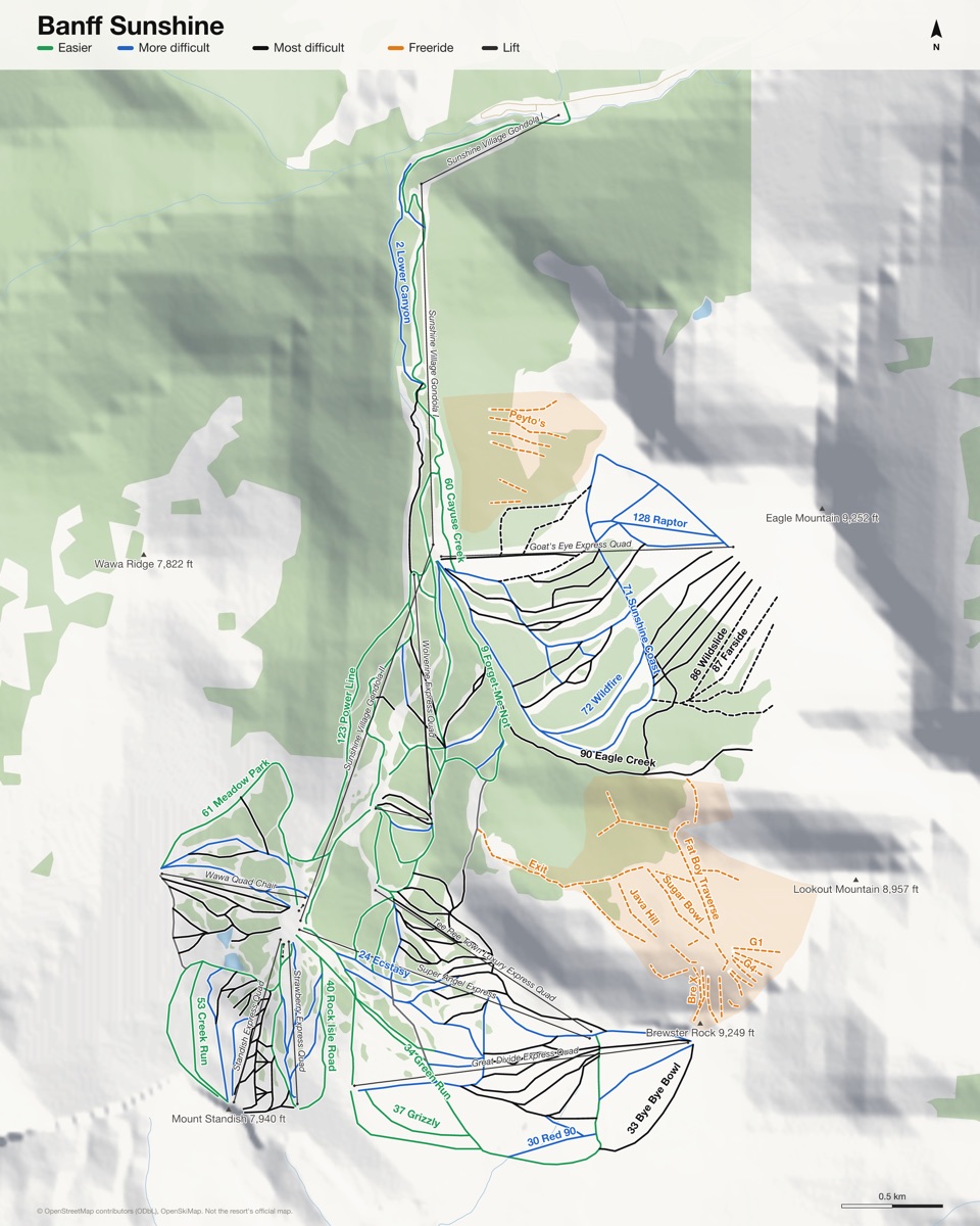 Map of Banff Sunshine with 152 named runs and 11 lifts, coloured by difficulty
