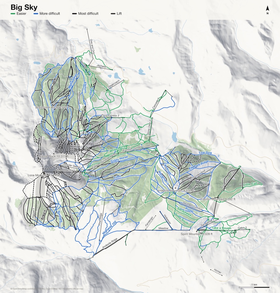 Map of Big Sky with 315 named runs and 43 lifts, coloured by difficulty