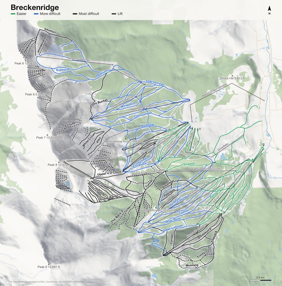 Map of Breckenridge with 193 named runs and 33 lifts, coloured by difficulty