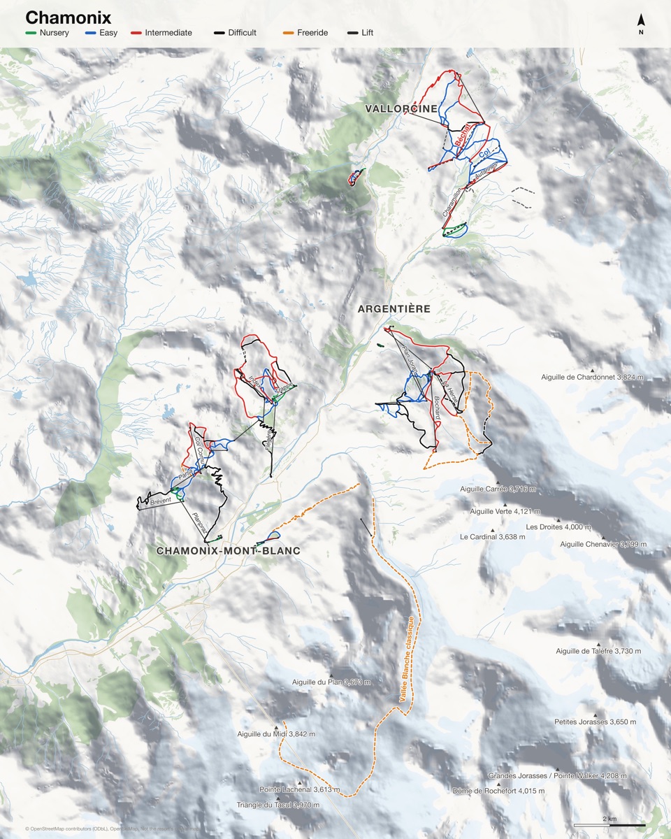 Map of Chamonix with 104 named runs and 49 lifts, coloured by difficulty