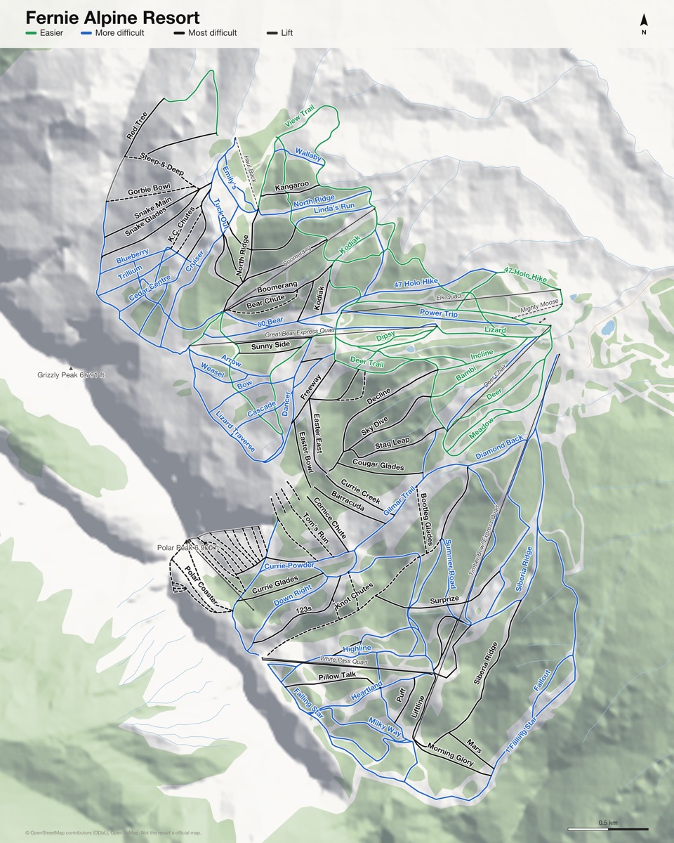 Map of Fernie Alpine Resort with 134 named runs and 10 lifts, coloured by difficulty
