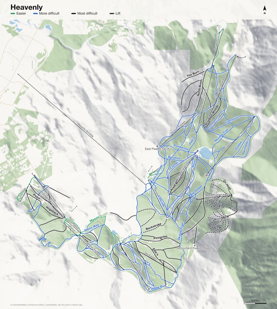 Map of Heavenly with 128 named runs and 23 lifts, coloured by difficulty