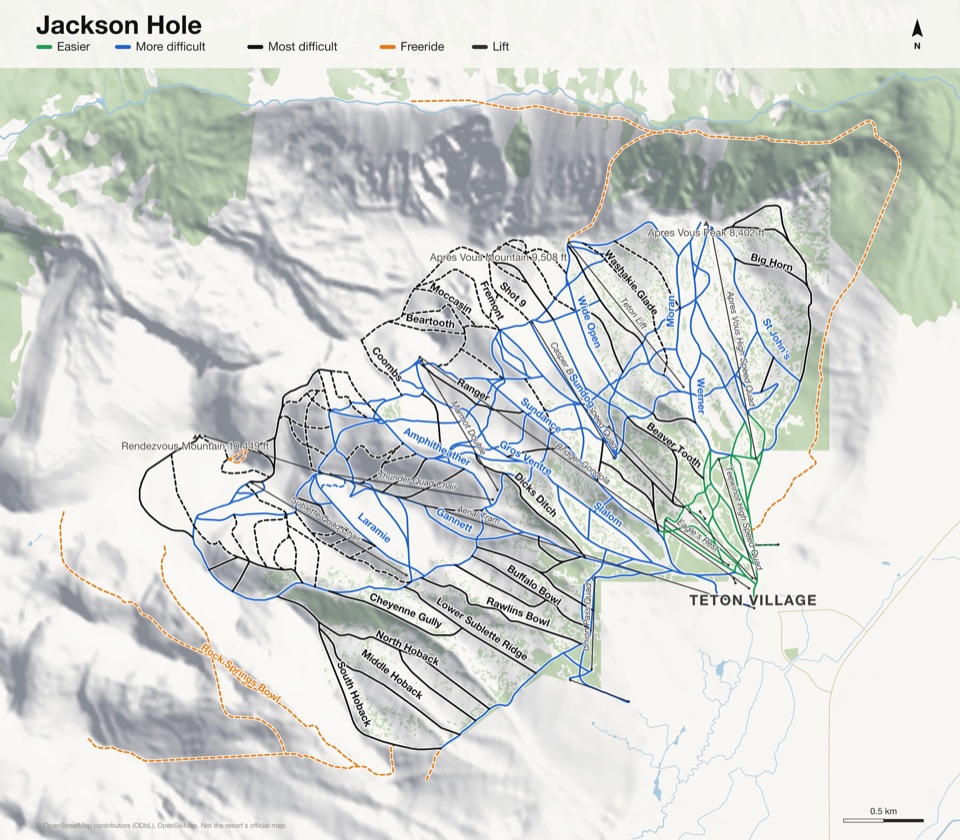 Map of Jackson Hole with 138 named runs and 16 lifts, coloured by difficulty