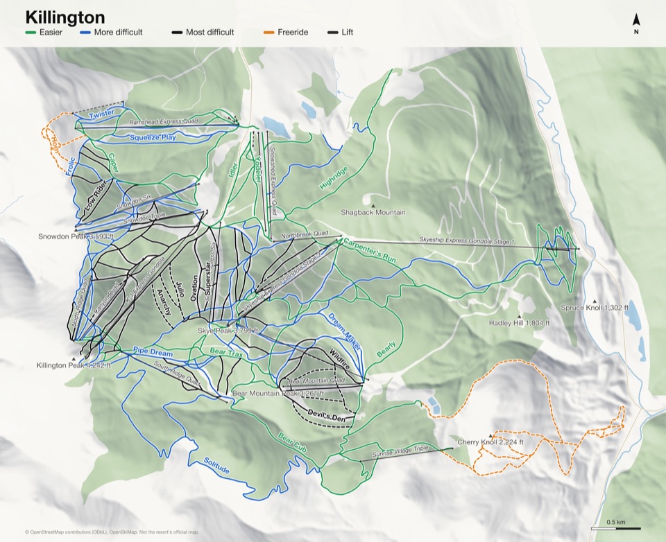 Map of Killington with 162 named runs and 21 lifts, coloured by difficulty