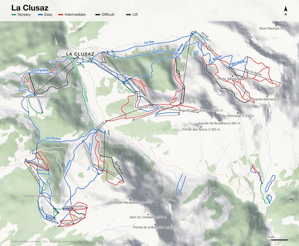 Map of La Clusaz with 98 named runs and 50 lifts, coloured by difficulty